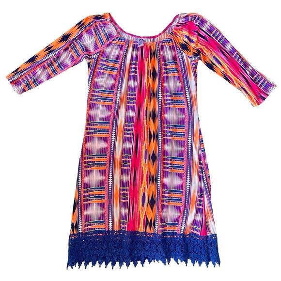 2B Together Boho Aztec Print Peasant Tunic Dress with Crochet Hem – Small - Picture 2 of 9